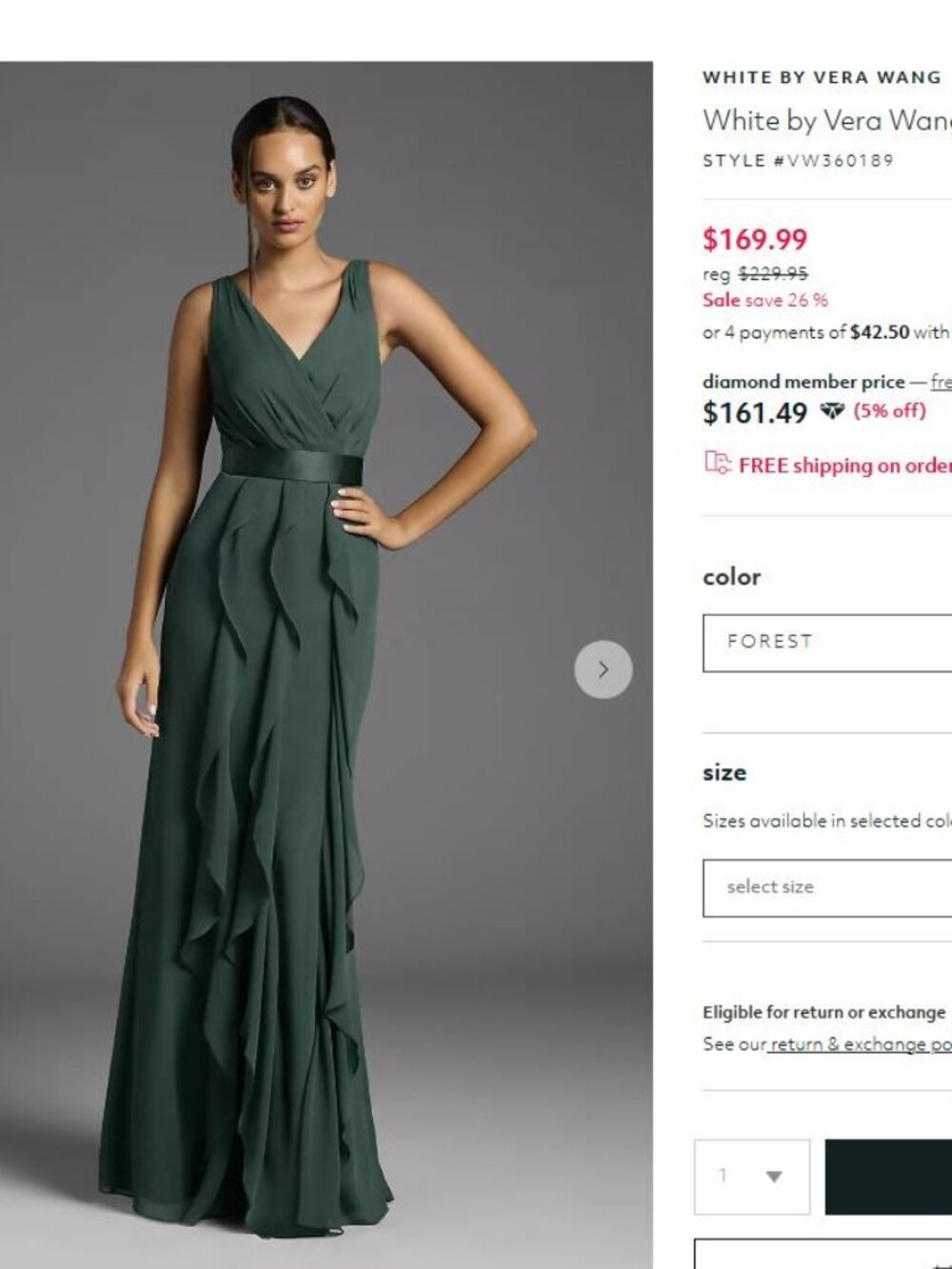White by Vera Wang Forest Green V-Neck Ruffled Wedding Dress